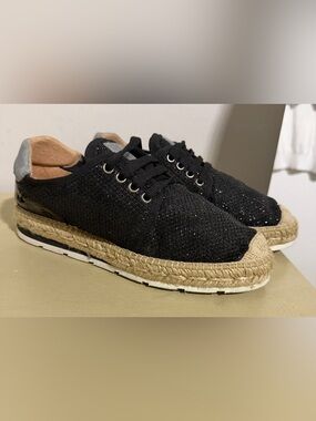 Kanna Spain Black Glitter Espadrille Sneakers Size 38 Platform Lace Up NWOT